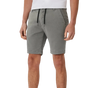 A person wearing gray drawstring shorts with a white shirt, shown from the chest down against a plain white studio background.