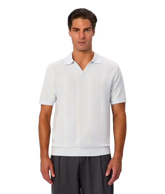 A man wearing a light blue short-sleeve knit polo shirt with subtle vertical stripes, paired with dark gray trousers, against a plain light gray background.