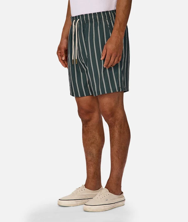 A person wearing dark green and white vertically striped drawstring shorts, paired with a white top and off-white sneakers, shown from the waist down against a light gray studio background.