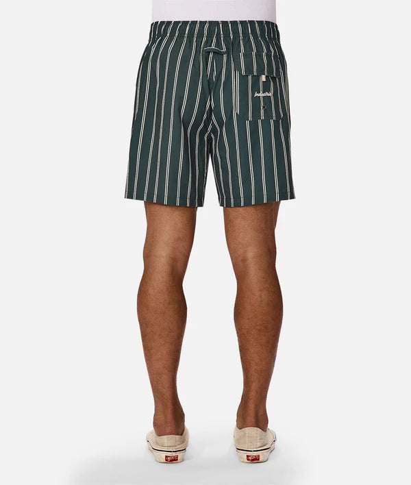 A person shown from the back wearing dark green and off-white vertically striped shorts, with a white top and beige slip-on shoes against a light gray studio background.