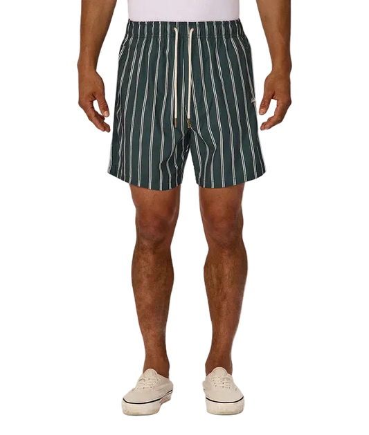 A man wearing dark green and white vertically striped drawstring shorts, paired with a white t-shirt and off-white sneakers, shown from the waist down on a light gray background.