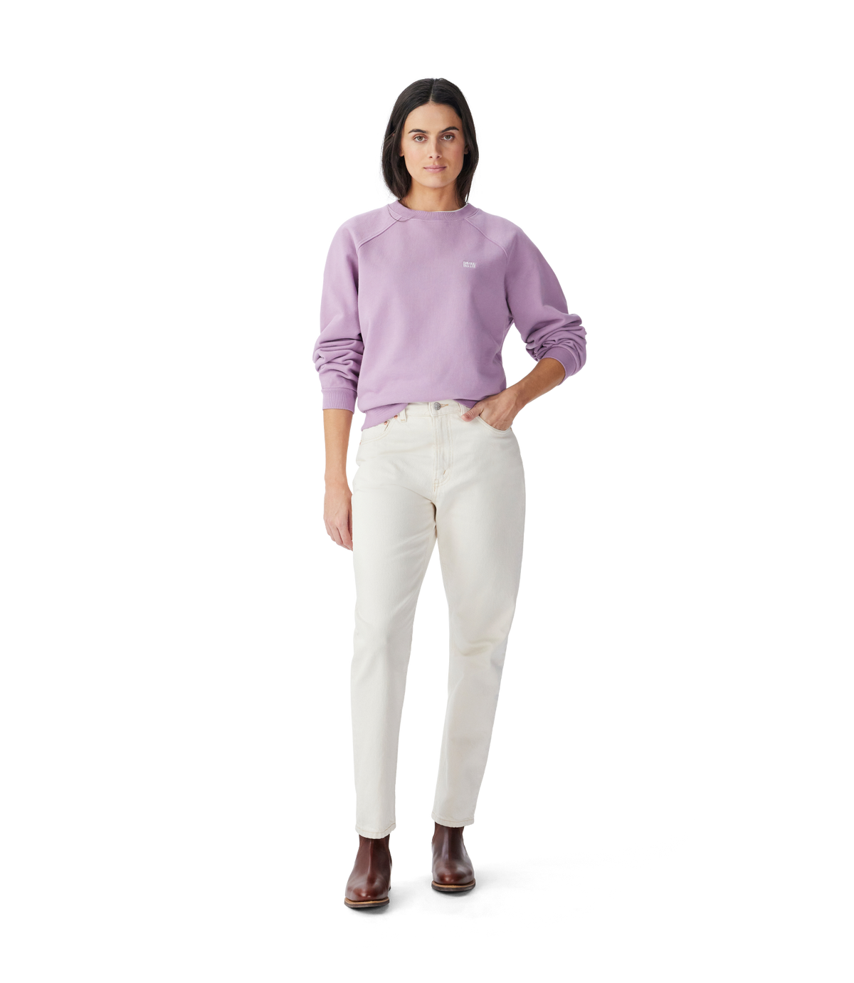 R.M.Williams - Heritage Easy Crew - Lilac worn by a model with relaxed fit and ribbed cuffs in cool weather style.