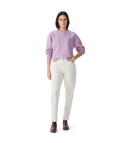 R.M.Williams - Heritage Easy Crew - Lilac worn by a model with relaxed fit and ribbed cuffs in cool weather style.