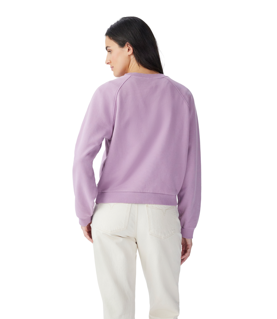 R.M.Williams - Heritage Easy Crew - Lilac back view of model in relaxed fit organic cotton sweatshirt.