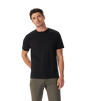 A man wearing a black short-sleeve crewneck t-shirt with a small red embroidered logo on the left chest, paired with olive green pants, photographed against a solid white background.