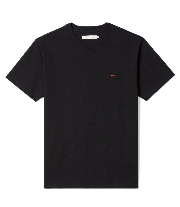 Black t-shirt with a small red logo on a white background