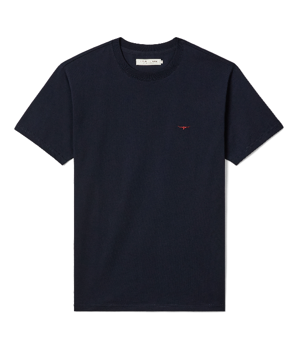 A navy blue short-sleeve crewneck t-shirt with a small red embroidered logo on the left chest, displayed flat against a solid white background.