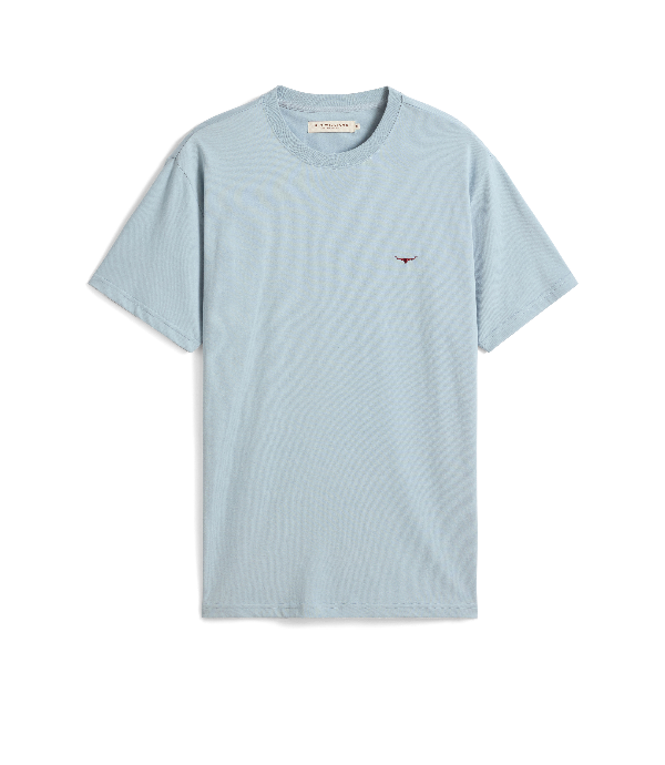 A light blue crewneck t-shirt with a small embroidered red bird logo on the left chest, displayed flat against a solid white background.