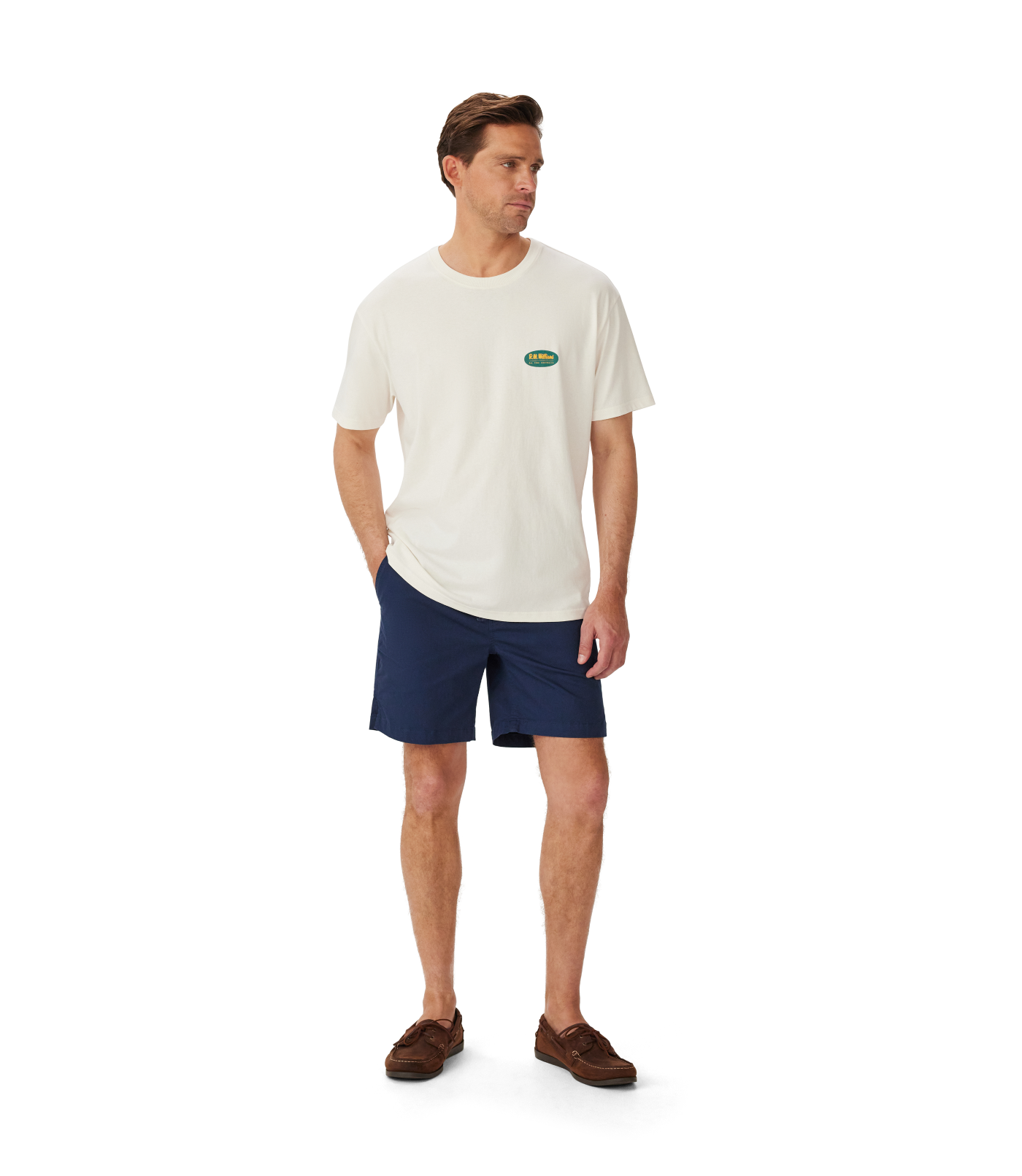R.M.Williams - 90s Logo T-Shirt - White - NEED DESCRIPTION, model wearing white t-shirt and shorts.