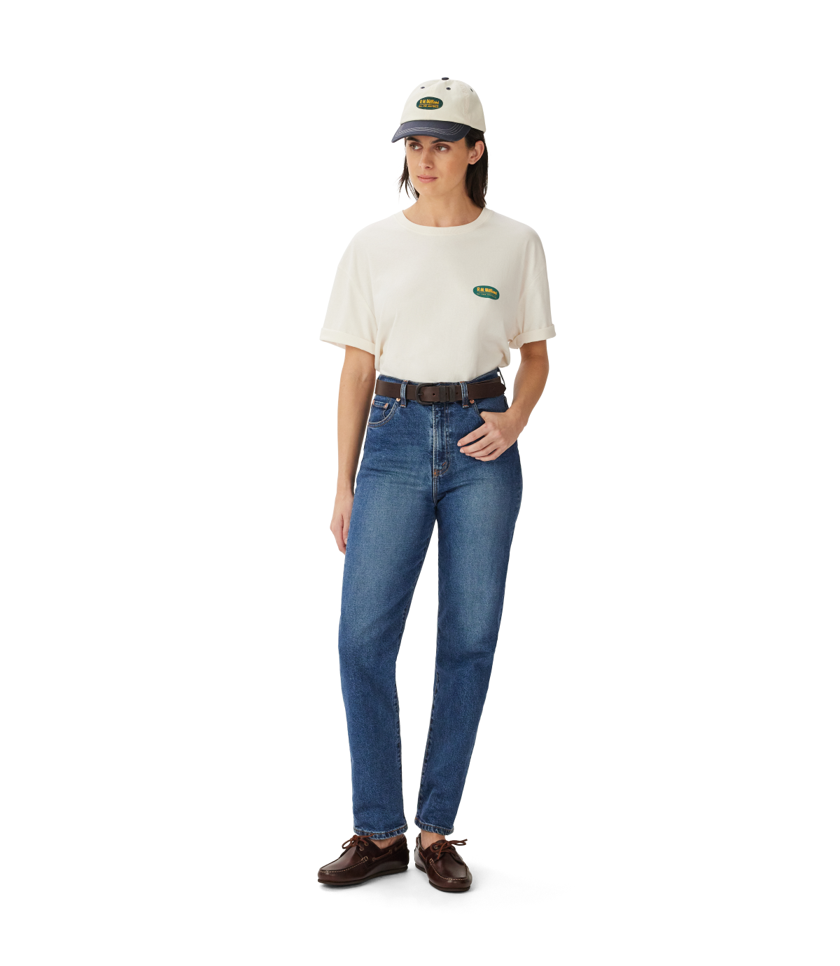 R.M.Williams - 90s Logo T-Shirt - White -  modelled with blue jeans and a cap.