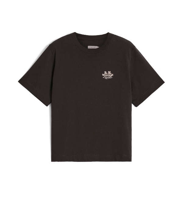 A dark brown short-sleeve crewneck t-shirt with a small white embroidered logo on the left chest, displayed flat against a solid white background.