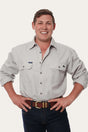 Ringers Western - King River  Work Shirt - Beige worn by a smiling man, showcasing double breast pockets and comfortable fit.