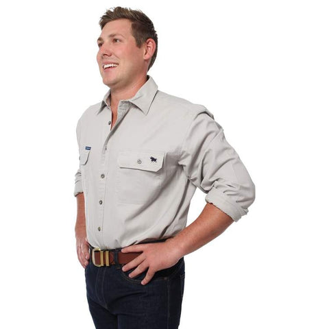 Ringers Western - King River Work Shirt - Beige modeled by a man, showcasing comfort and durability in outdoor wear.