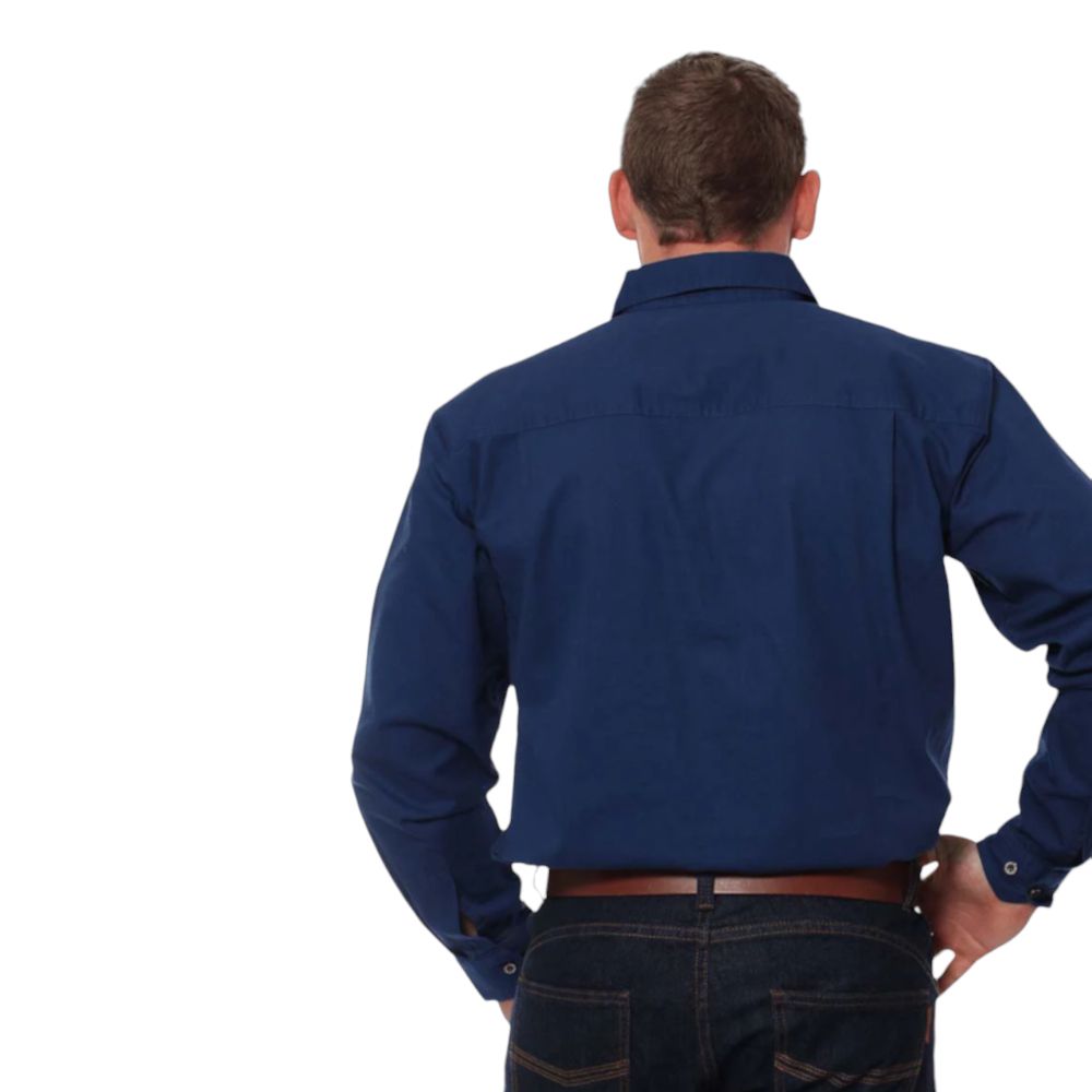 Ringers Western - King River Work Shirt - Navy shown from the back, highlighting premium cotton and loose fit.