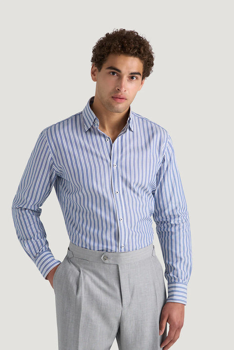 M.J. Bale - Kovacs Oxford Shirt - Stripe - Navy & White - MULTIBUY showcased on a model, highlighting its classic fit and design.