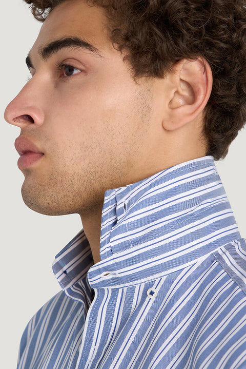 M.J. Bale - Kovacs Oxford Shirt - Stripe - Navy & White - MULTIBUY, featuring a close-up of the collar and stripes.