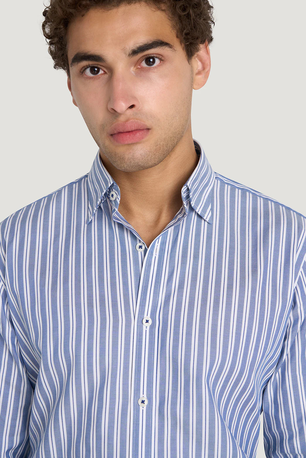 M.J. Bale - Kovacs Oxford Shirt - Stripe - Navy & White - MULTIBUY, showcasing a model wearing a tailored oxford stripe shirt.