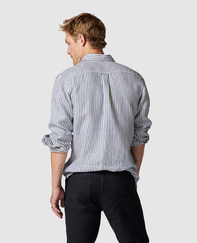 Port Charles Sports Fit Linen Shirt - Stripe - Deep Ocean