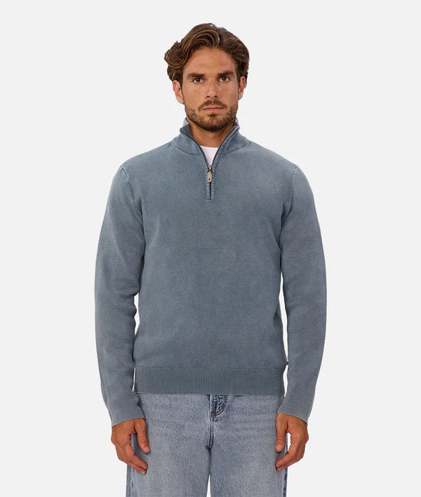 Industrie - The Lakewood Zip Neck Jumper - Washed Lagoon