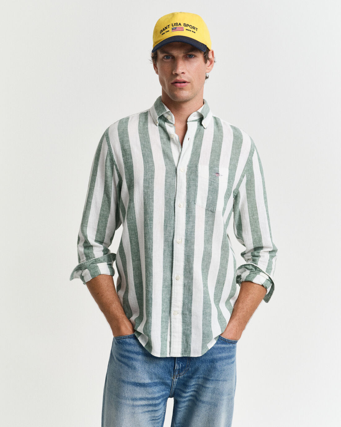 GANT - Linen Shirt - Bold Stripe - Woody Green & White