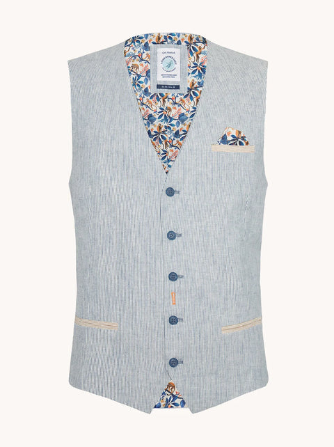 A Fish Named Fred - Linen Waistcoat - Stripe - Blue & White with floral lining and contrast buttons.