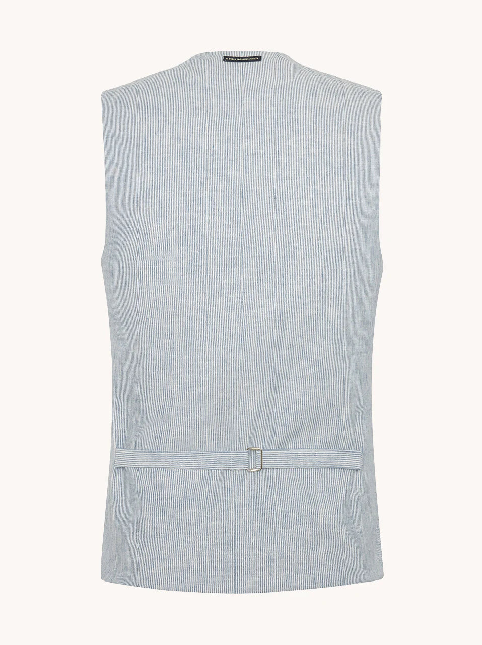 A Fish Named Fred - Linen Waistcoat - Stripe - Blue & White, back view showcasing lightweight linen craftsmanship.