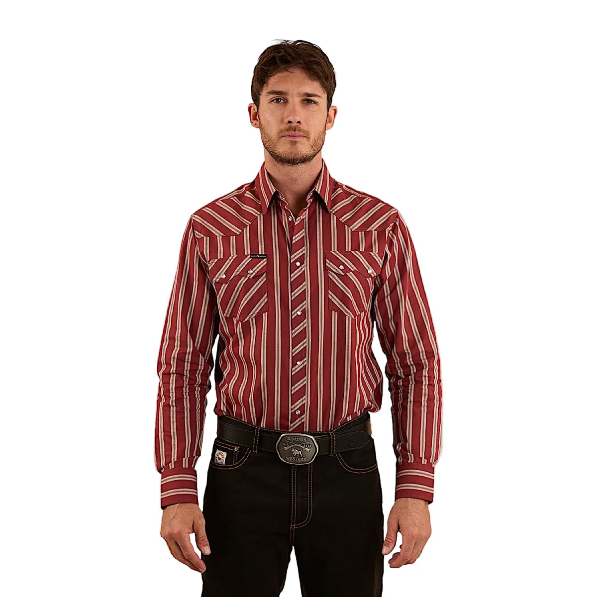 Ringers Western - Mapleton Western Shirt - Cedar showcased on a model, featuring a timeless striped pattern with snap buttons.