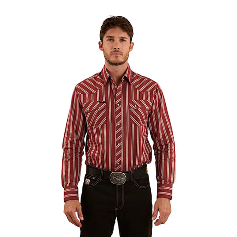 Ringers Western - Mapleton Western Shirt - Cedar showcased on a model, featuring a timeless striped pattern with snap buttons.