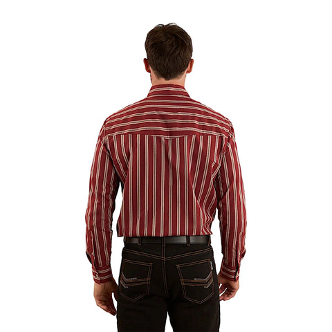 Back view of a man wearing the Ringers Western - Mapleton Western Shirt - Cedar, showcasing its stylish striped design.