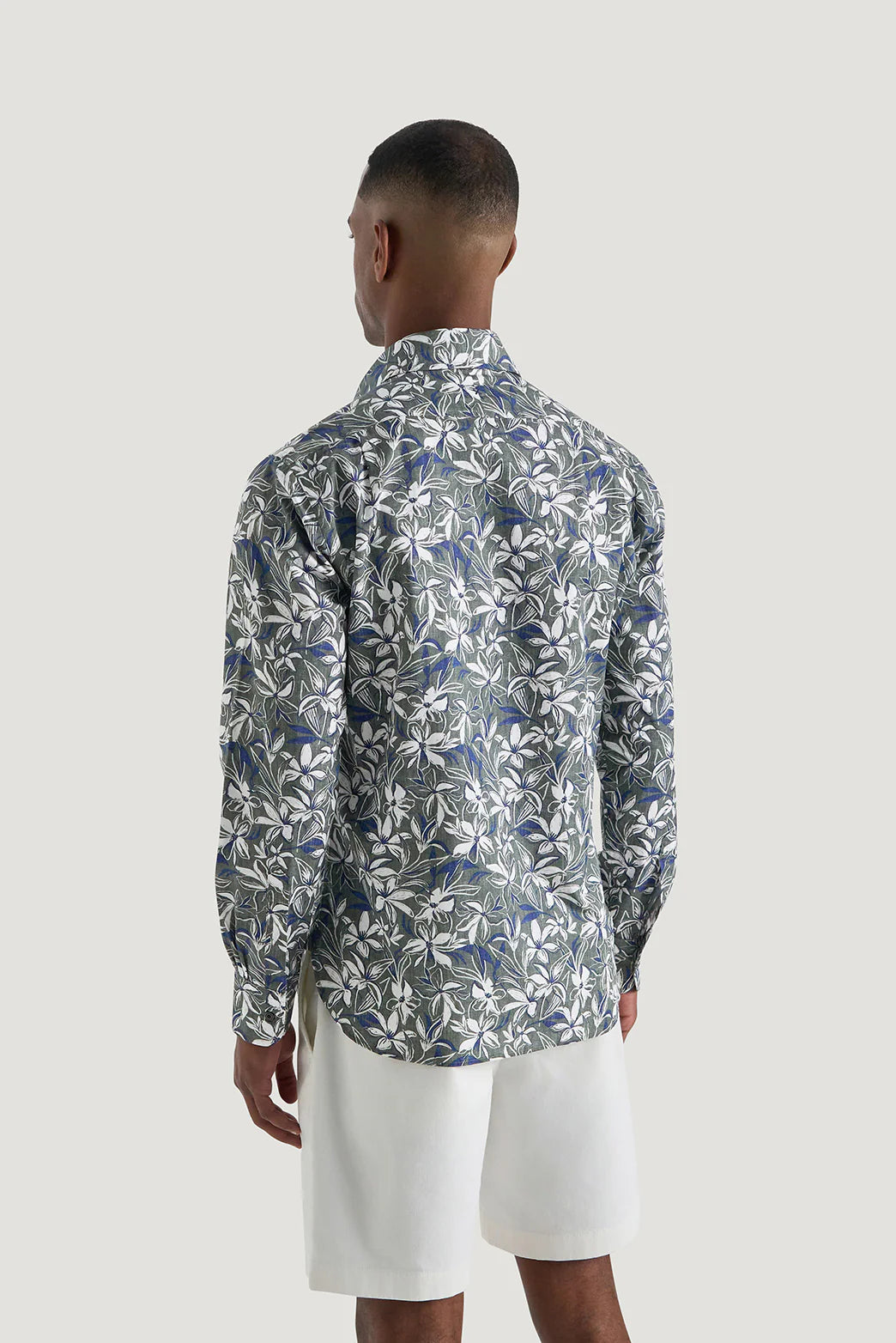 M.J. Bale - Marcello Floral Shirt - Green Navy & White - MULTIBUY displayed from the back, featuring a colorful floral print.