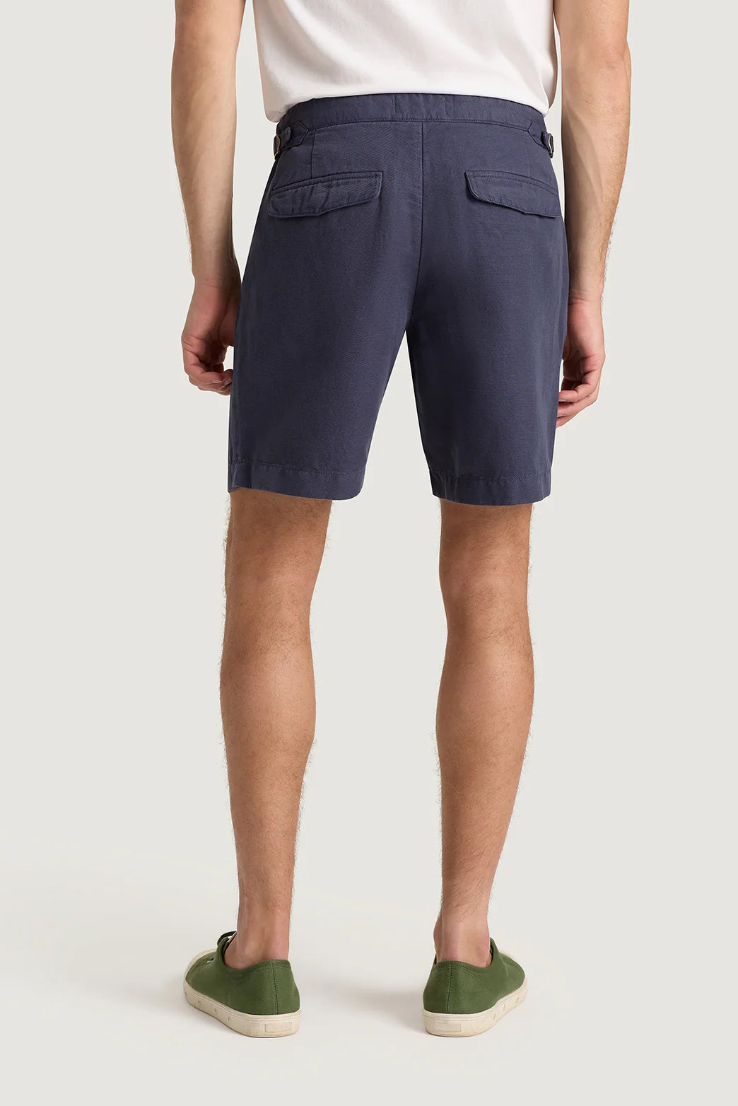 M.J. Bale - Menorca Side Tab Short- Denim, showcasing the back view, featuring side tabs and a tailored fit.