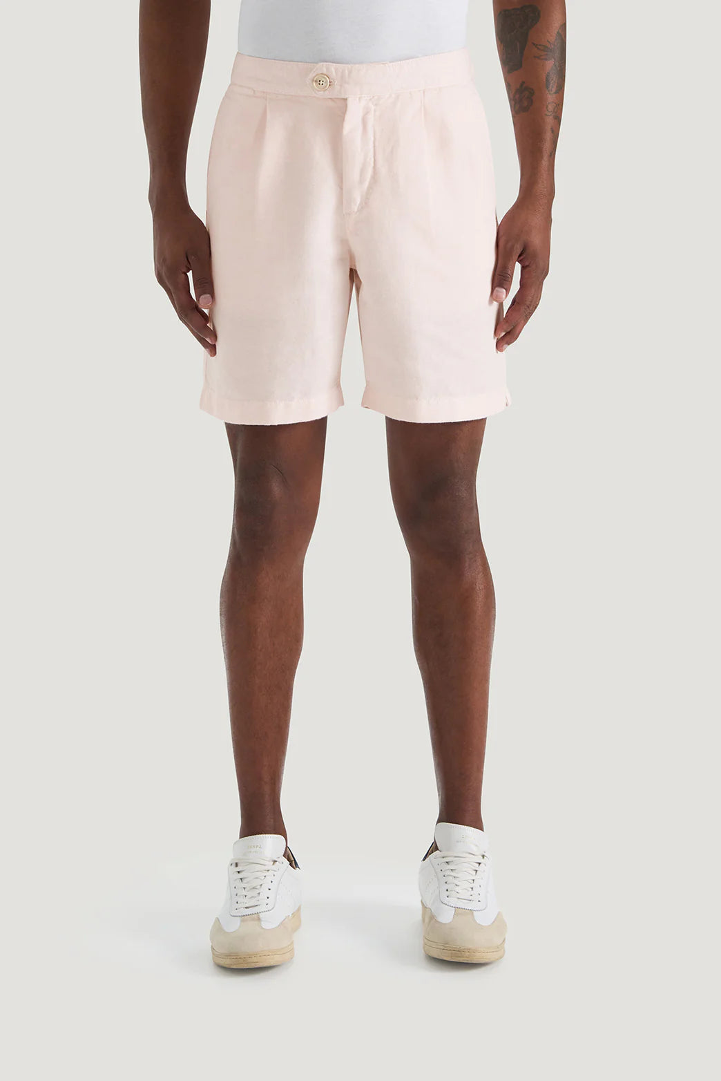 M.J. Bale - Menorca Side Tab Short- Pink displayed on model, featuring cotton linen blend twill and a regular fit.