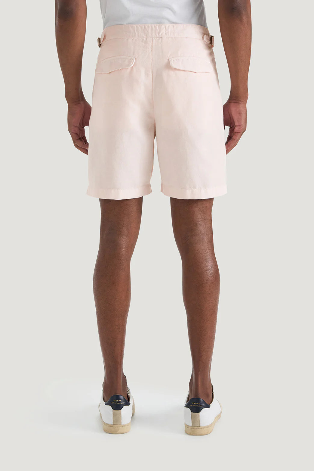 M.J. Bale - Menorca Side Tab Short- Pink showcased from the back, featuring a pink cotton linen blend.