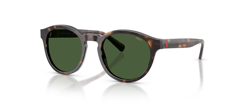 Pucci round sunglasses with a translucent tortoiseshell frame and dark green lenses, shown on a clean white background with a soft reflection.