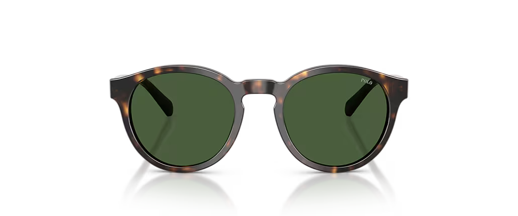 Oversized round sunglasses with a dark brown and black tortoiseshell acetate frame and dark green lenses, shown on a clean white background with a subtle reflection.