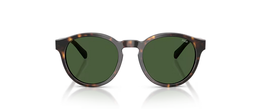 Oversized round sunglasses with a dark brown and black tortoiseshell acetate frame and dark green lenses, shown on a clean white background with a subtle reflection.