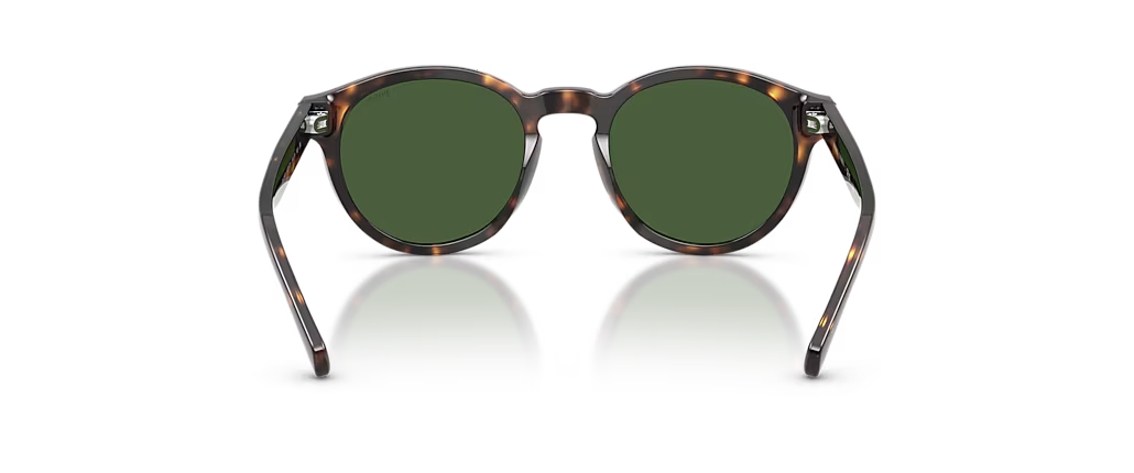 Oversized round sunglasses with a tortoiseshell patterned frame and dark green lenses, shown from the front on a white background with a soft reflection.
