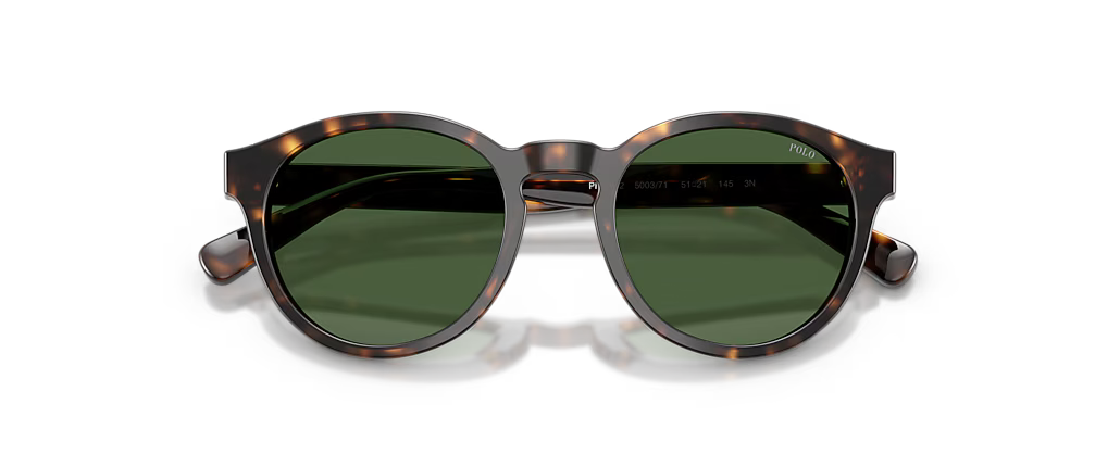 Round sunglasses with a dark tortoiseshell frame and dark green lenses, shown from the front on a white background.
