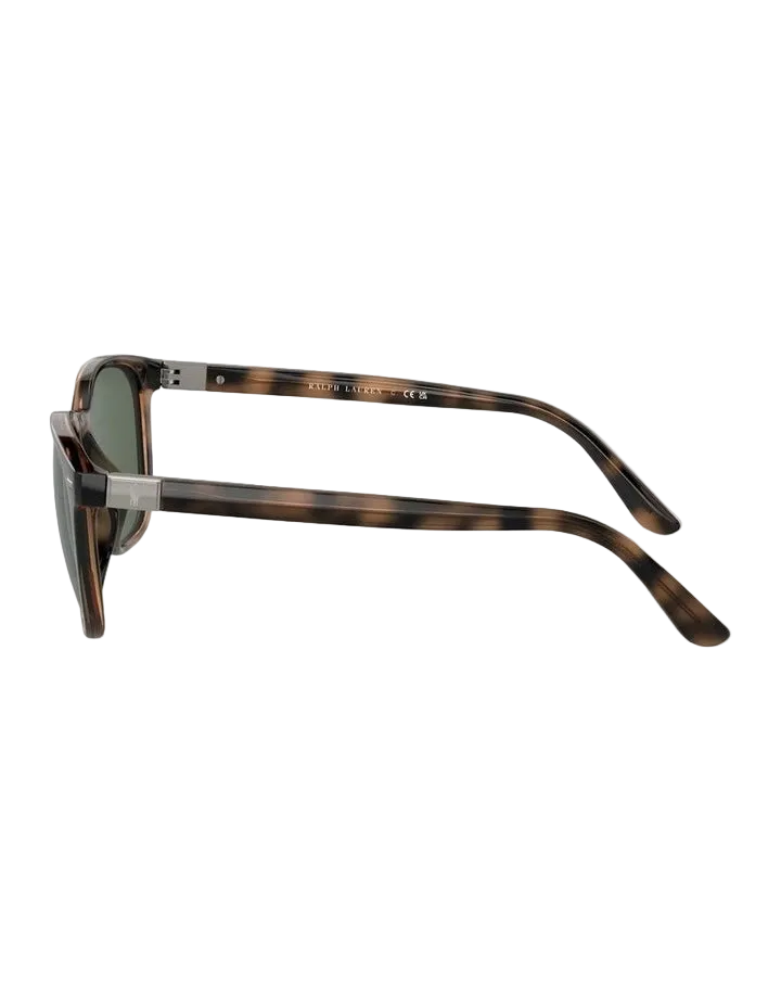 A pair of square-frame sunglasses with a dark brown and black tortoiseshell acetate frame and dark green lenses, shown from a side profile view on a white background.