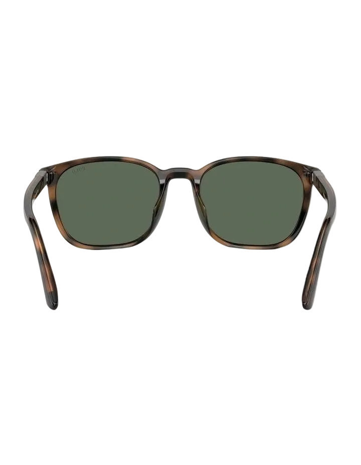 A pair of square-frame sunglasses with a dark brown and black tortoiseshell pattern and dark green lenses, shown from a front-facing perspective on a solid white background.