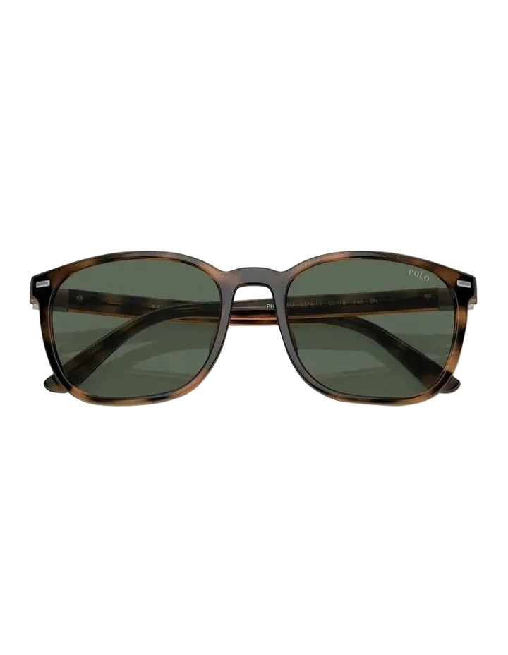 A pair of classic-style sunglasses with a dark brown and black tortoiseshell frame and dark green lenses, shown from the front on a plain white background.