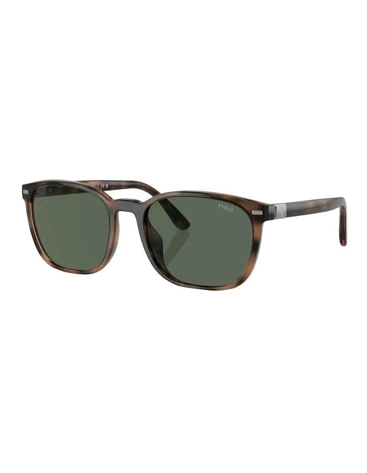 Sunglasses with a black and white frame and gold logo on a white background