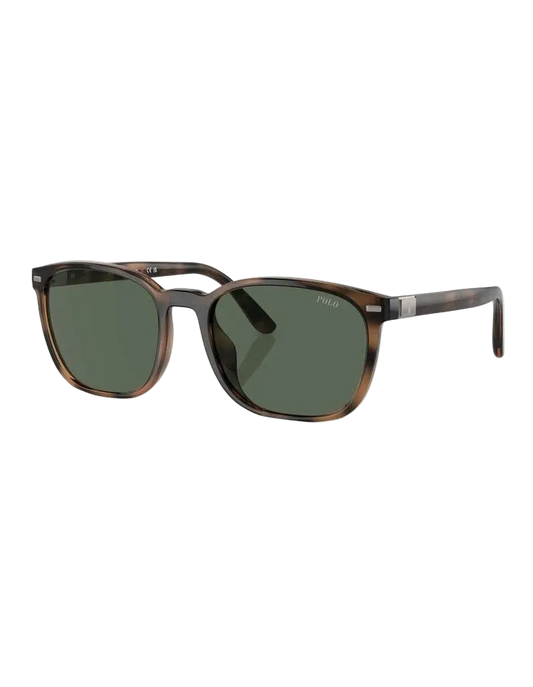 Sunglasses with a black and white frame and gold logo on a white background