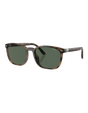 Sunglasses with a black and white frame and gold logo on a white background