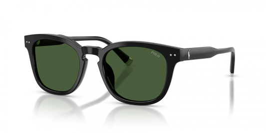 Polo Ralph Lauren sunglasses with a black acetate frame and dark green lenses, shown on a clean white background with a soft reflection.
