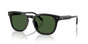 Polo Ralph Lauren sunglasses with a black acetate frame and dark green lenses, shown on a clean white background with a soft reflection.