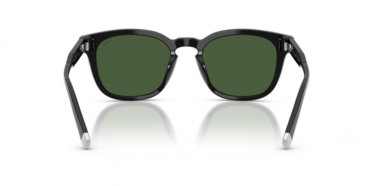 Black square sunglasses with dark green lenses and silver metal hinges, shown from the front on a white background with a soft reflection below.