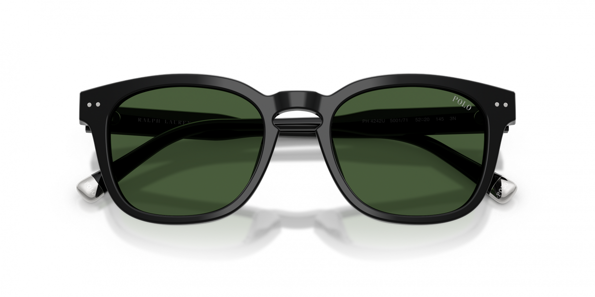 Black sunglasses with dark green lenses, featuring a double bridge design and silver temple tips, shown on a white background.