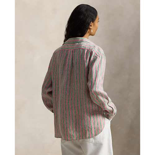 Polo Ralph Lauren - Cropped Boxed Fit Linen Striped Shirt - Berry Green Multi
