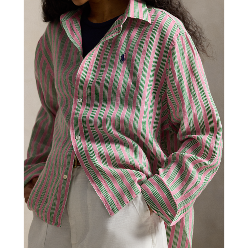 Polo Ralph Lauren - Cropped Boxed Fit Linen Striped Shirt - Berry Green Multi